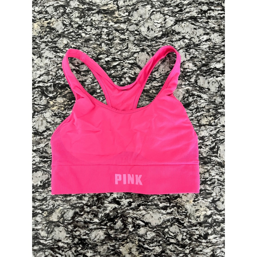 Victorias Secret PINK Seamless Racerback Sports Bra Neon Pink‎ Ribbed Band Logo